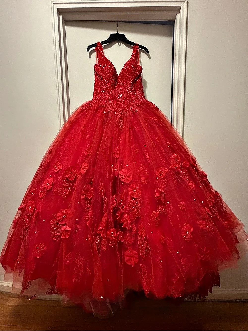 Red Floral Beaded Prom Gown Like New